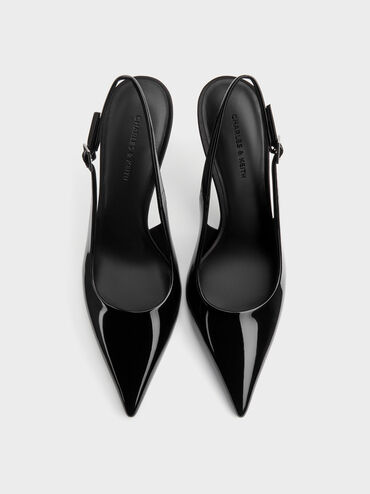 Patent Pointed Slingback Pumps, Black Patent, hi-res