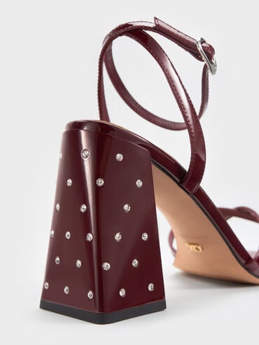 Emmaline Patent Leather Crystal Crossover Sandals, Burgundy, hi-res