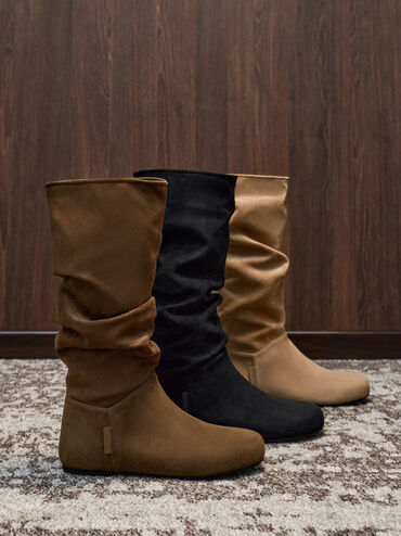 Faux Suede Ruched Knee-High Boots, Brown, hi-res