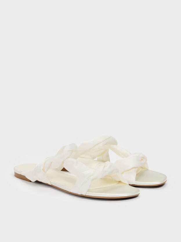 Ruched-Strap Slide Sandals, White, hi-res