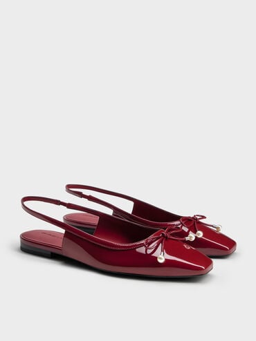 Barbara Patent Pearl-Embellished Bow Slingback Flats, Red, hi-res