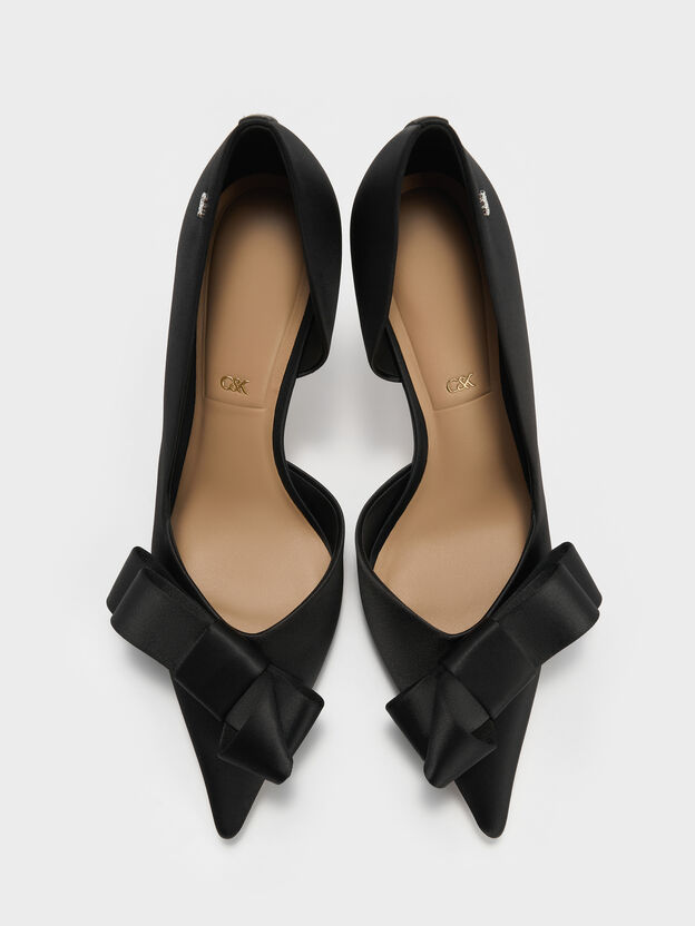 Pleated-Bow Pointed D'Orsay Pumps, Black Textured, hi-res