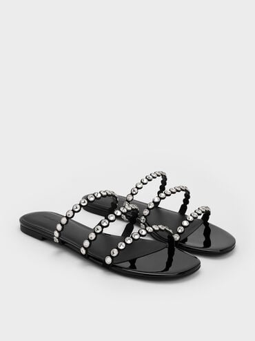 Crystal-Embellished Triple-Strap Sandals, Black Textured, hi-res