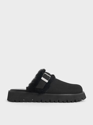 Hannah Textured Fur-Trim Buckled Mules, Black, hi-res