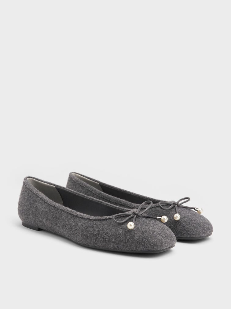 Barbara Felt Pearl-Embellished Bow Ballet Flats, Grey, hi-res