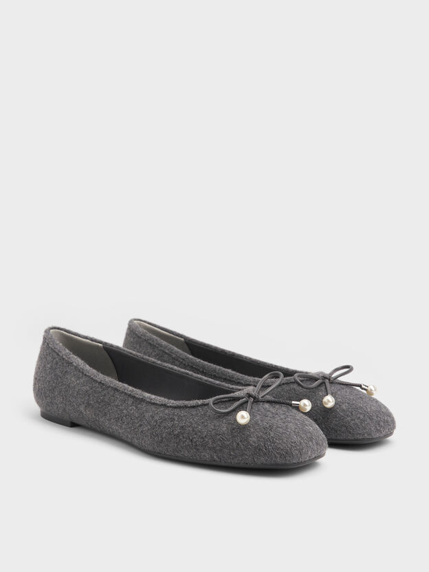 Barbara Felt Pearl-Bow Ballet Flats, Grey, hi-res