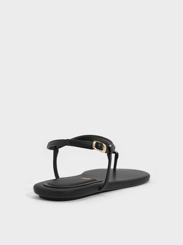 Leather T-Bar Thong Sandals, Black, hi-res