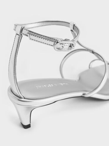 Metallic T-Bar Kitten-Heel Ankle-Strap Sandals, Silver, hi-res