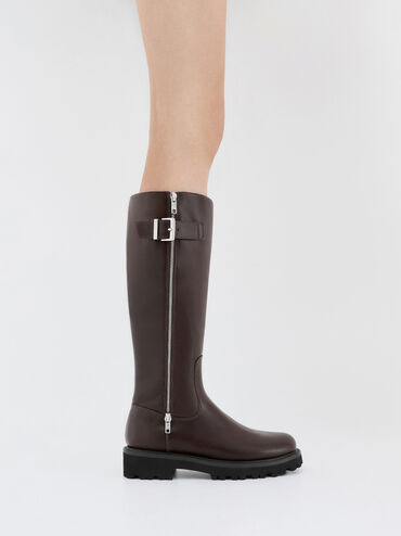 Lyndon Buckled Side-Zip Knee-High Boots, Dark Brown, hi-res
