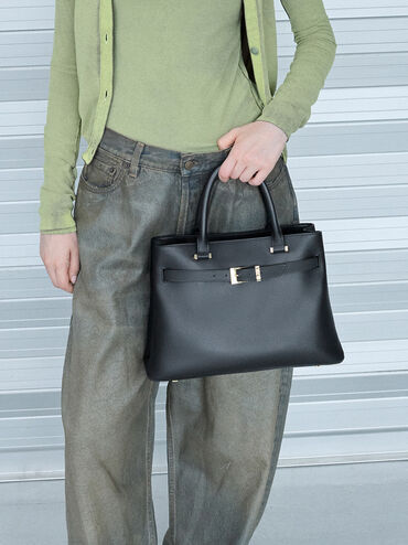 Voyager Leather Belted Trapeze Tote Bag, Black, hi-res