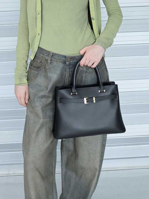Voyager Leather Belted Tote Bag, Black, hi-res