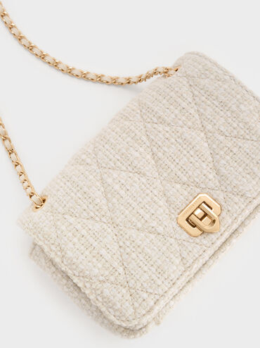 Arwen Tweed Diamond-Quilt Braided-Strap Shoulder Bag, Cream Tweed, hi-res