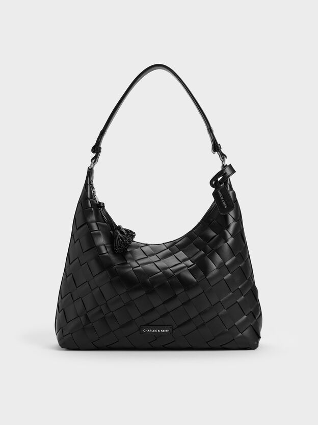 Ivette Woven Tassel Hobo Bag, Noir, hi-res