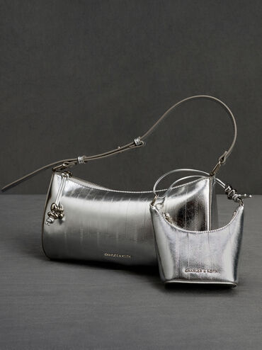 Augustine Metallic Eel-Effect Sculptural-Detail Shoulder Bag, Silver, hi-res