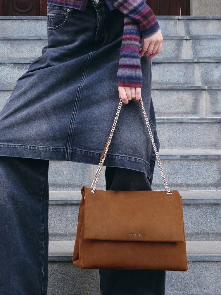 Sianna Recycled Suede Chain-Handle Shoulder Bag, Sienna Brown, hi-res