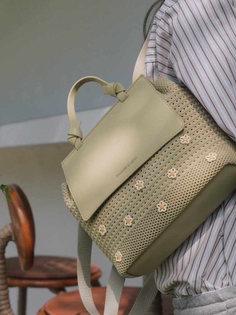 Girls' Ida Flower Knitted Backpack, Pale Olive, hi-res