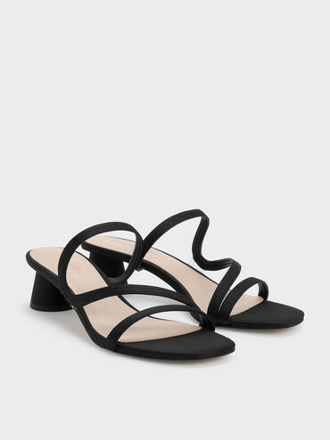 Arden Satin Wavy Strap Mules, Black, hi-res