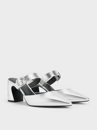 Metallic Pointed-Toe Mary Jane Heeled Mules, Silver, hi-res