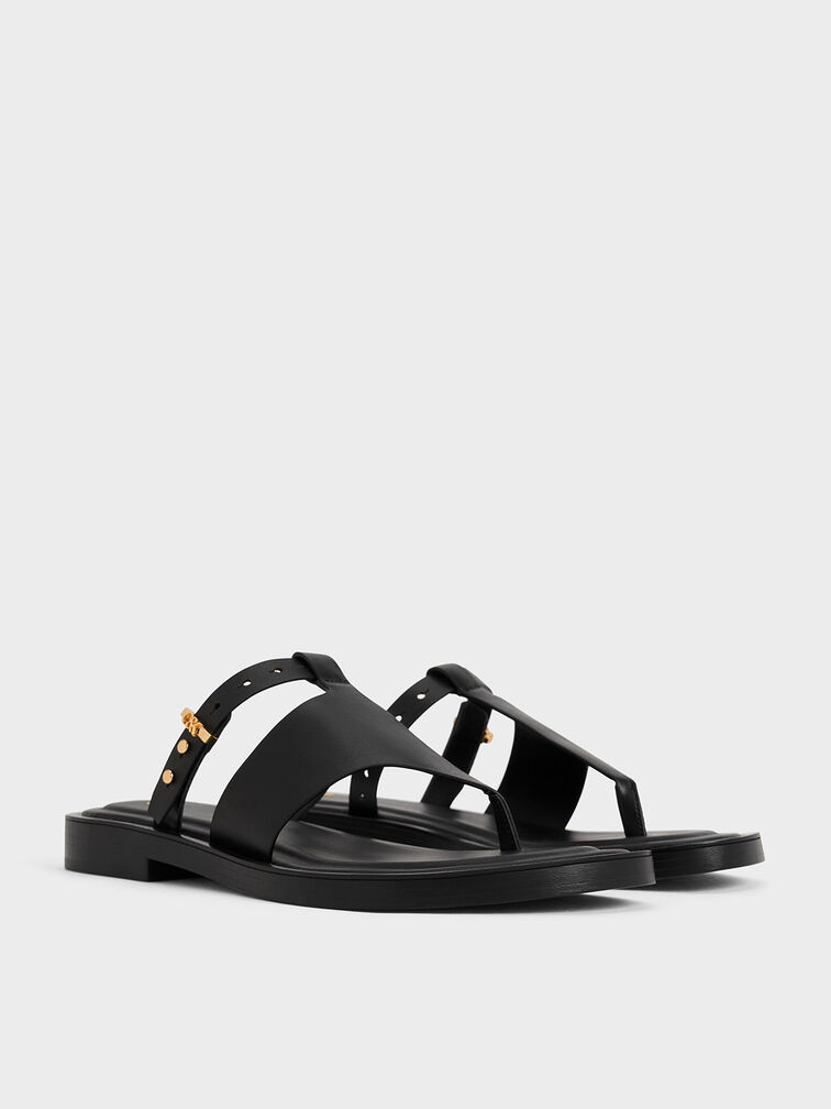 Leather Asymmetric Thong Sandals, Black, hi-res