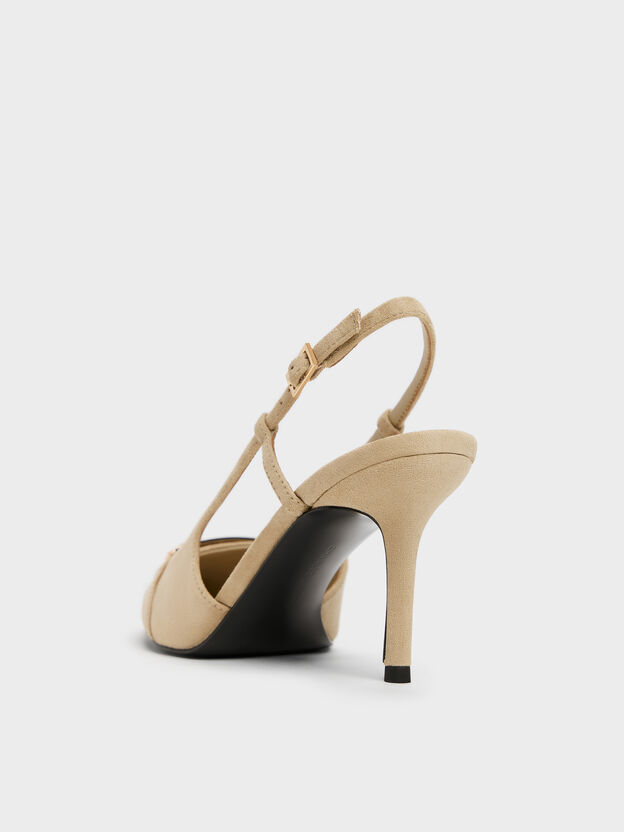 Faux Suede Metallic-Bar Pointed Slingback Pumps, Beige, hi-res