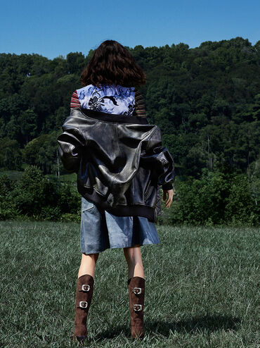 Masei Faux Suede Grommet-Strap Knee-High Boots, Dark Brown, hi-res