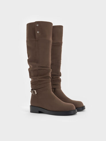 Ellis Faux Suede Ruched Buckled Fold-Over Thigh-High Boots, Dark Brown Textured, hi-res