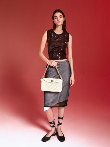 Fawn Panelled Front Flap Chain-Handle Bag, Cream, hi-res