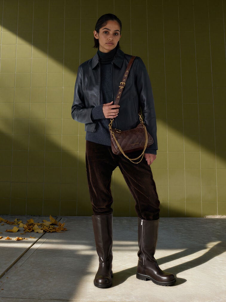 Philomena Crinkle-Effect Chain-Strap Crossbody Bag, Distressed Coffee, hi-res