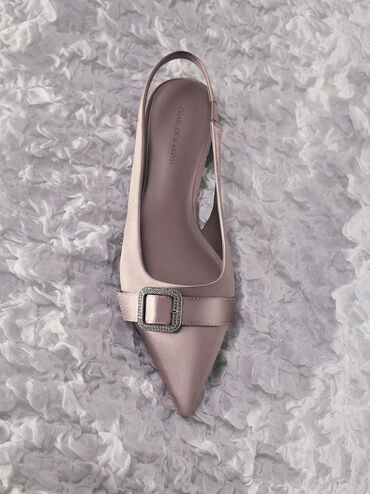Satin Crystal-Buckle Pointed-Toe Slingback Flats, Mauve, hi-res
