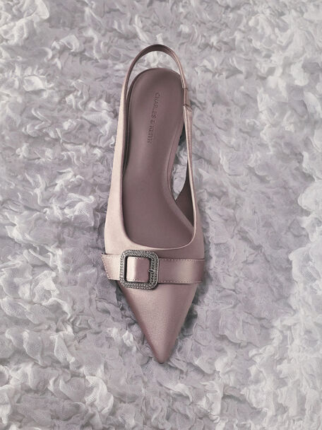 Satin Crystal-Buckle Slingback Flats, Mauve, hi-res