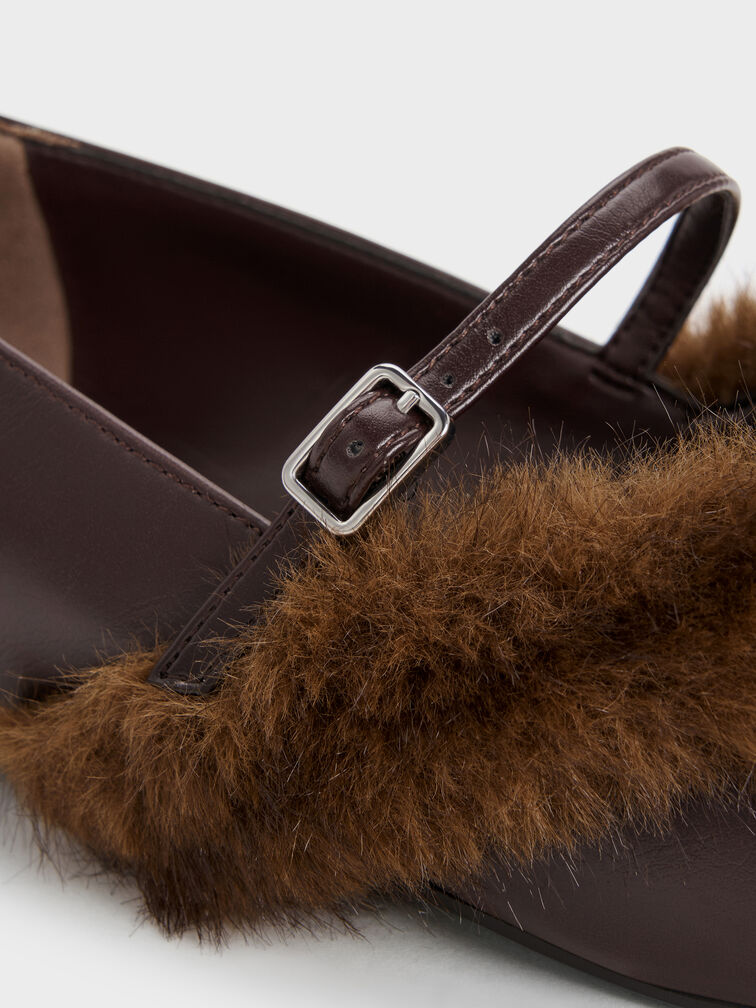 Emila Fur-Trim Pointed Mary Janes, Dark Brown, hi-res