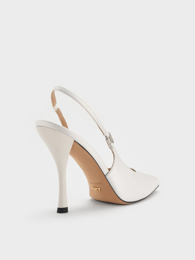 Crystal-Buckle Slingback Pumps, White, hi-res