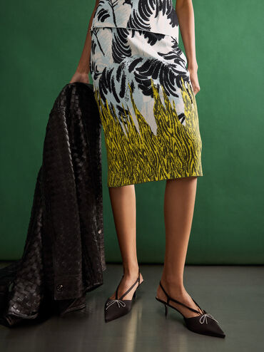 Recycled Polyester Crystal-Bow Kitten-Heel Slingback Pumps, Black Textured, hi-res