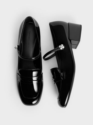Patent Pearl-Embellished Flower-Buckle Mary Jane Loafers, Black Patent, hi-res