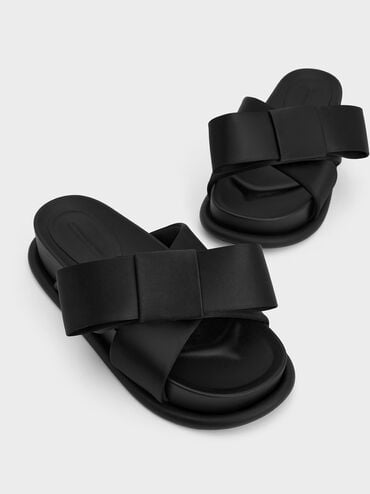 Satin Bow Flatform Sandals, Black Textured, hi-res