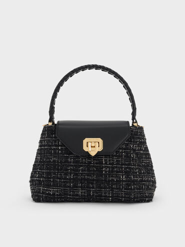 Arwen Tweed Quilted Braided-Strap Top Handle Bag, Black Tweed, hi-res
