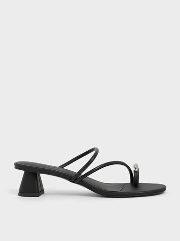 Metallic-Accent Strappy Toe-Ring Heeled Sandals, Black, hi-res