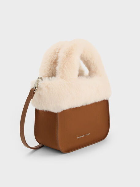 Girls' Wendy Faux Fur Tote Bag, Brown, hi-res