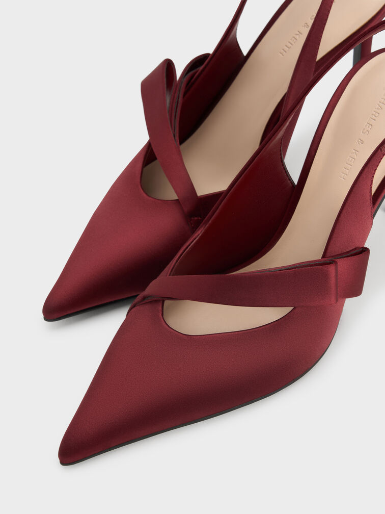 Satin Pleated-Strap Slingback Pumps, Red, hi-res