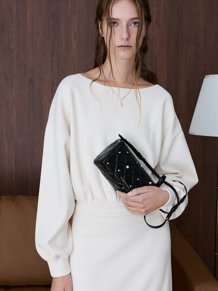 Janie Pearl-Embellished Quilted Shoulder Bag, Black, hi-res