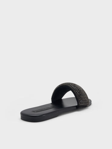 Faux Suede Crystal-Embellished Slide Sandals, Black Textured, hi-res