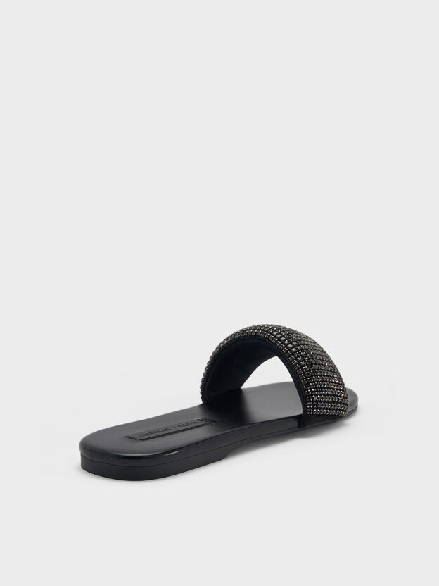 Faux Suede Crystal Slide Sandals, Black Textured, hi-res