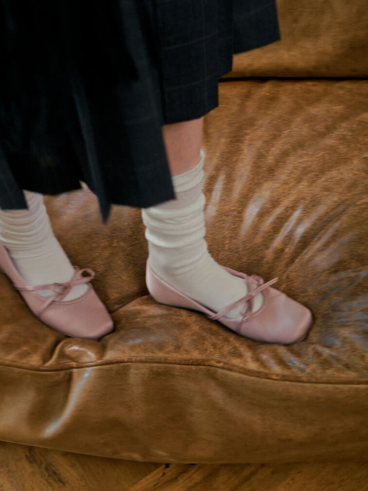 Satin Bow Ballet Flats, Pink, hi-res