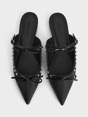 Gem-Embellished Double-Bow Pointed-Toe Mules, Black, hi-res
