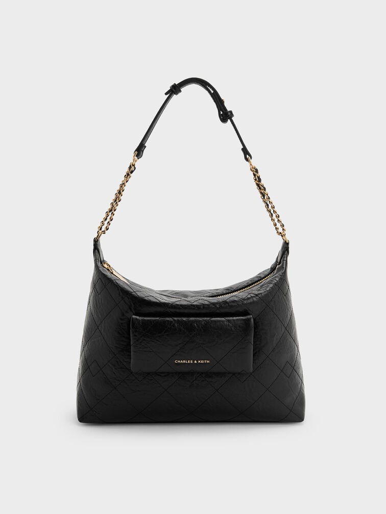 Duo Quilted Front-Pocket Hobo Bag, Black, hi-res