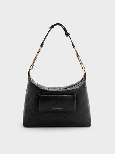 Duo Quilted Front-Pocket Hobo Bag, Black, hi-res