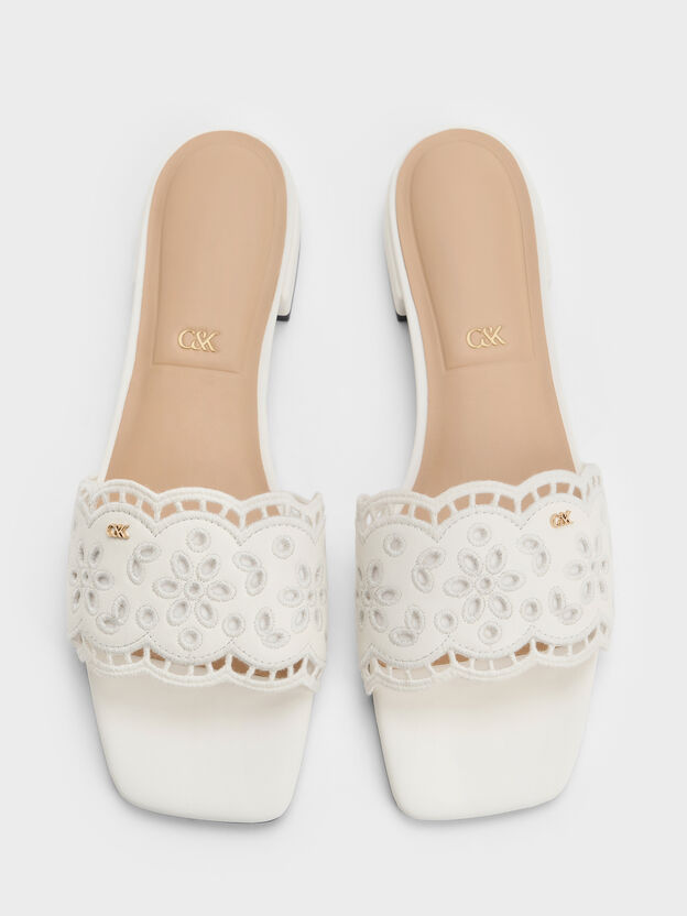 Leather Embroidered Slide Sandals, White, hi-res