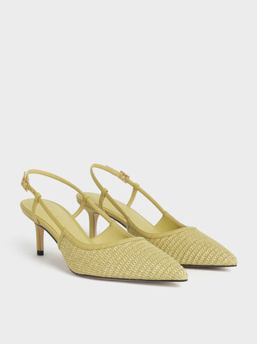 Raffia Pointed-Toe Slingback Pumps, Olive, hi-res