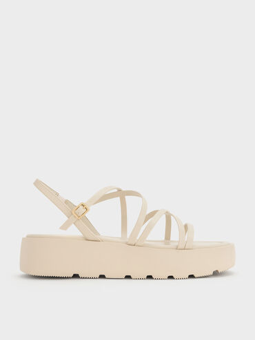 Strappy Ridged-Sole Flatform Sandals, Chalk, hi-res