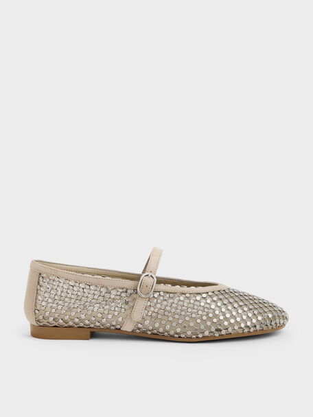 Maggie Mesh Crystal Mary Janes, Taupe, hi-res